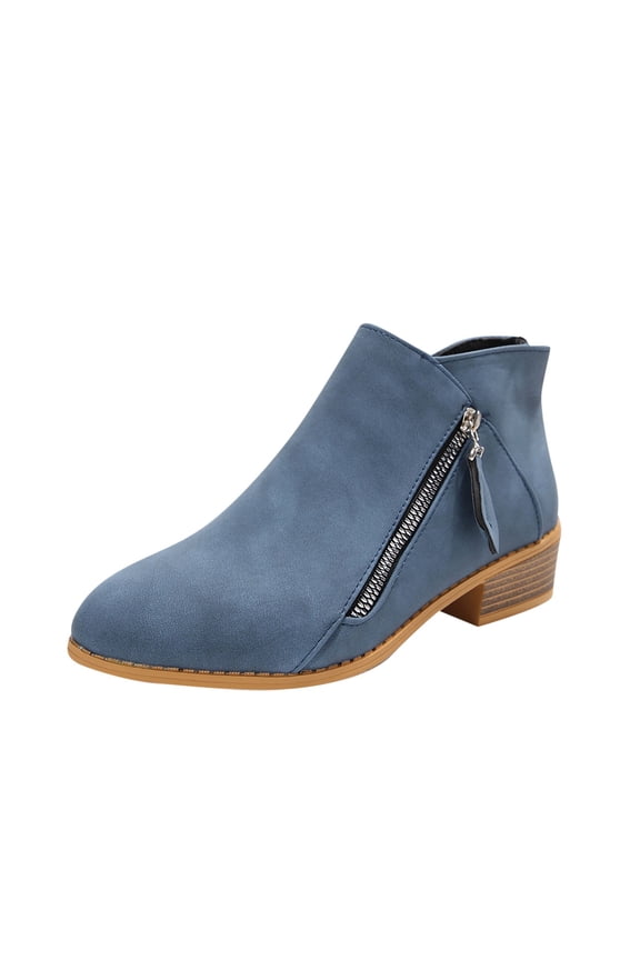 Womens Chunky Heel Ankle Boots Pointed Toe Side Zipper Booties Block Heel Fashion Boots Comfortable Faux Suede Short Boots for Women Blue