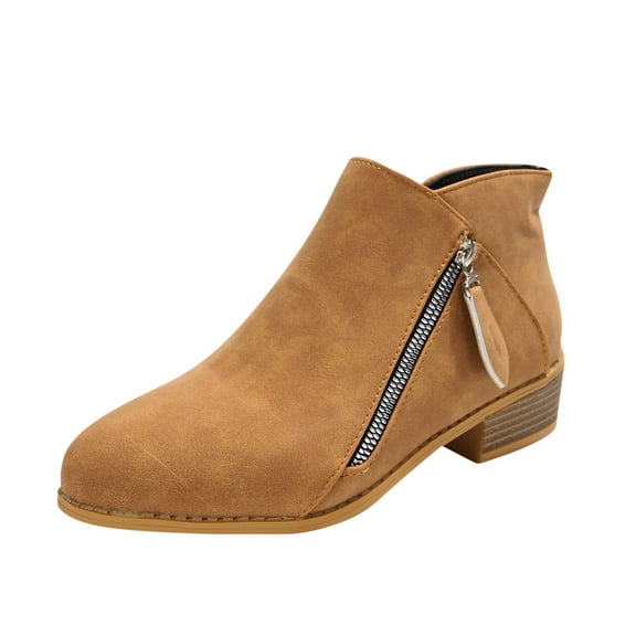 Xfvqtps Womens Chunky Heel Ankle Boots Pointed Toe Side Zipper Booties Block Heel Fashion Boots Comfortable Faux Suede Short Boots for Women Brown