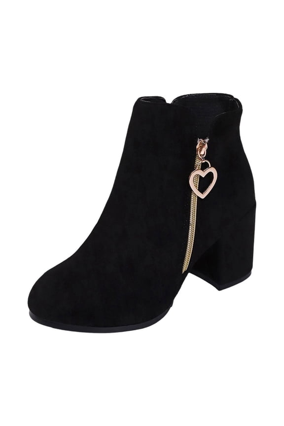 Womens Chunky Heel Ankle Boots for Winter Side Zipper Fashion Booties with Heart Charm Comfortable Low Heel Shoes for Daily Casual Wear Black
