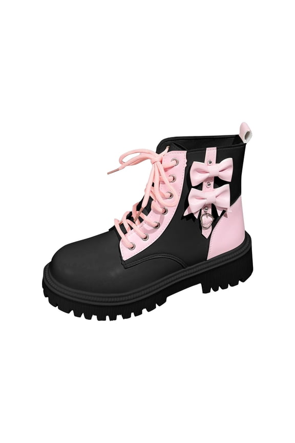 Womens Chunky Heel Ankle Boots with Bow Detail Colorblock Flatform Lace up Winter Fashion Boots Cute Round Toe Casual Boots Black