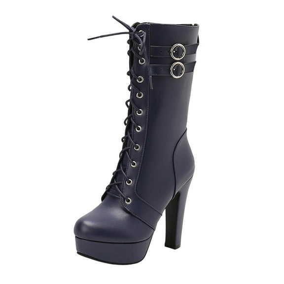 Xfvqtps Womens Chunky Flatform Ankle Boots Belt Buckle Strap Lace up Design Thick Sole High Heel Boots for Winter Fashion Streetwear Dark Blue