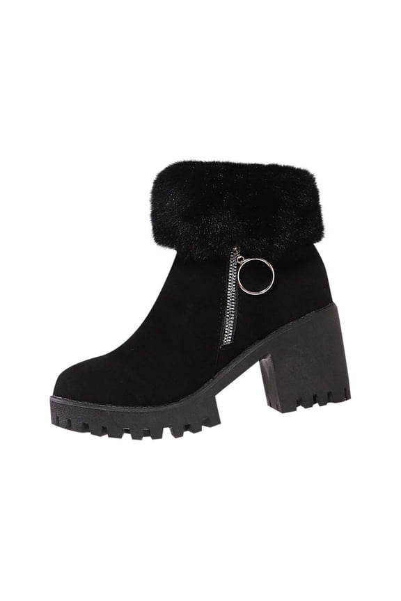 Womens Chunky Flatform Ankle Boots Velvet Upper with Side Zipper Winter Fashion Block Heel Booties for Height Boost Comfortable Non Slip Sole Shoes Black