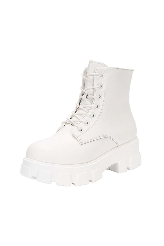 Womens Chunky Sole Ankle Boots Lace up Winter Fashion Booties Mid Heel Round Toe Comfortable Casual Shoes for Outdoor White