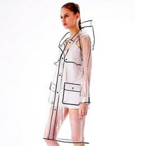 Xfvqtps Womens Clear Raincoat with Hooded Medium Length Black Edges Reusable Button Transparent Waterproof Cycling Hiking Rain Jackets EVA Rain Poncho Black