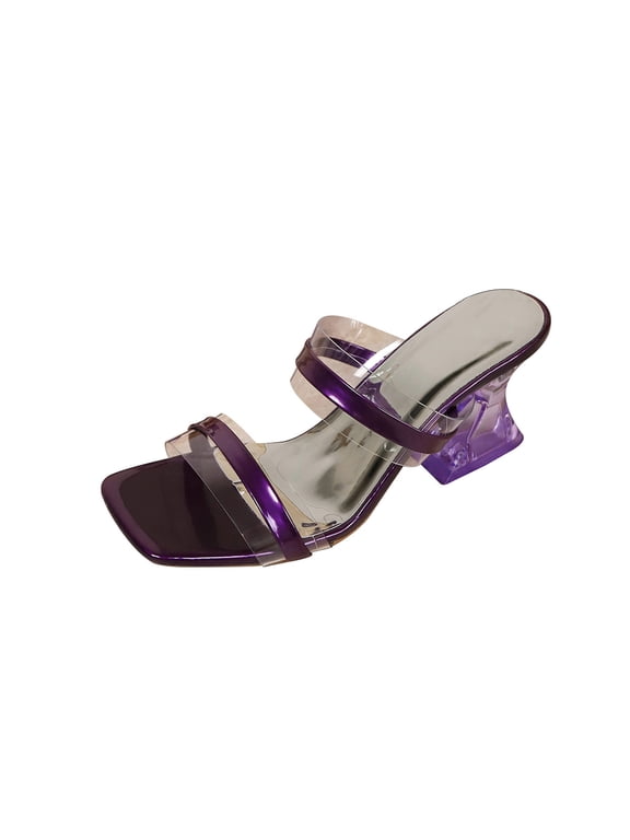 Womens Clear Strap Sandals Transparent Block Heel Slide Open Square Toe Summer Party Beach Dressy Sandals