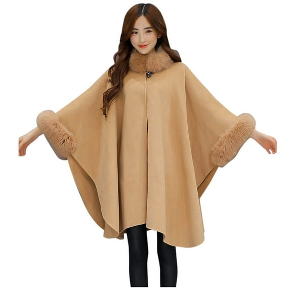 Xfvqtps Womens Cloak Large Size Plush Collar Cuffs Solid Color Collar Button Open Front Long Warm Winter Shawl Wraps Khaki