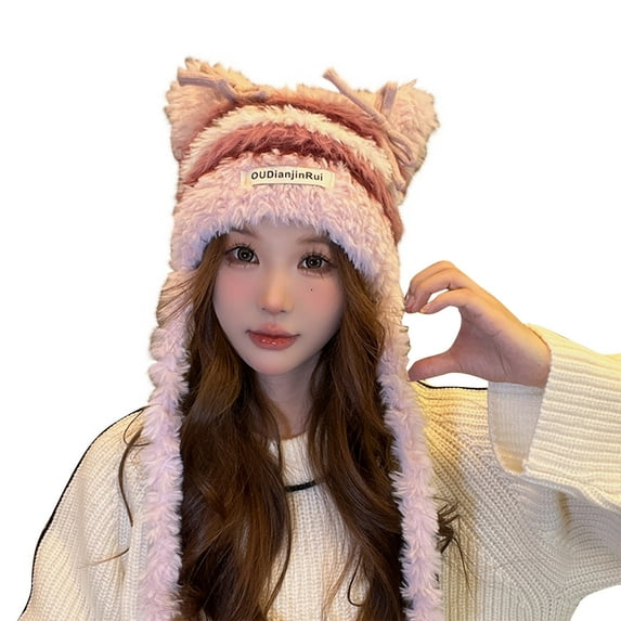 Xfvqtps Womens Cloche Beanie with Ear Flaps Tassel Strap Plush Thickened Y2K Cute Cat Ear Bow Color Blocking Windproof Coldproof Outdoor Warm Winter Hat Pink