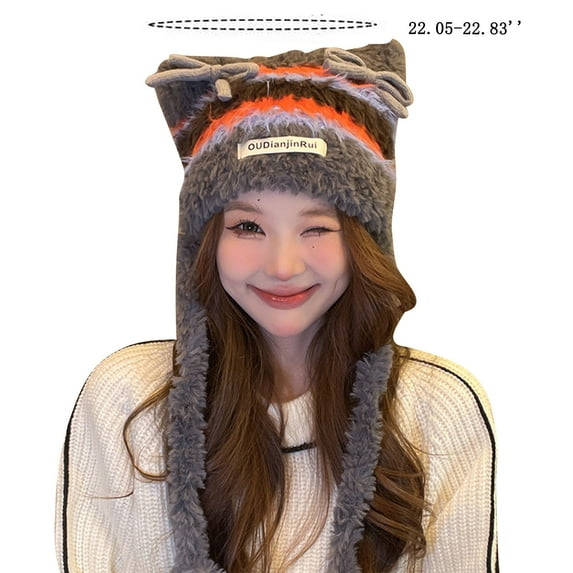 Xfvqtps Womens Cloche Beanie with Ear Flaps Tassel Strap Plush Thickened Y2K Cute Cat Ear Bow Color Blocking Windproof Coldproof Outdoor Warm Winter Hat White