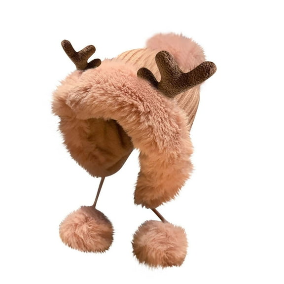 Xfvqtps Womens Cloche Bucket Hat Ear Protection Knit Plush Brim Pompom Tassels Strap Cute Antlers Versatile Thick Outdoor Windproof Coldproof Warm Winter Hat Pink