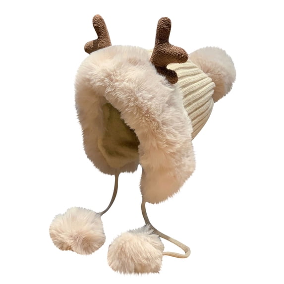 Xfvqtps Womens Cloche Bucket Hat Ear Protection Knit Plush Brim Pompom Tassels Strap Cute Antlers Versatile Thick Outdoor Windproof Coldproof Warm Winter Hat Beige