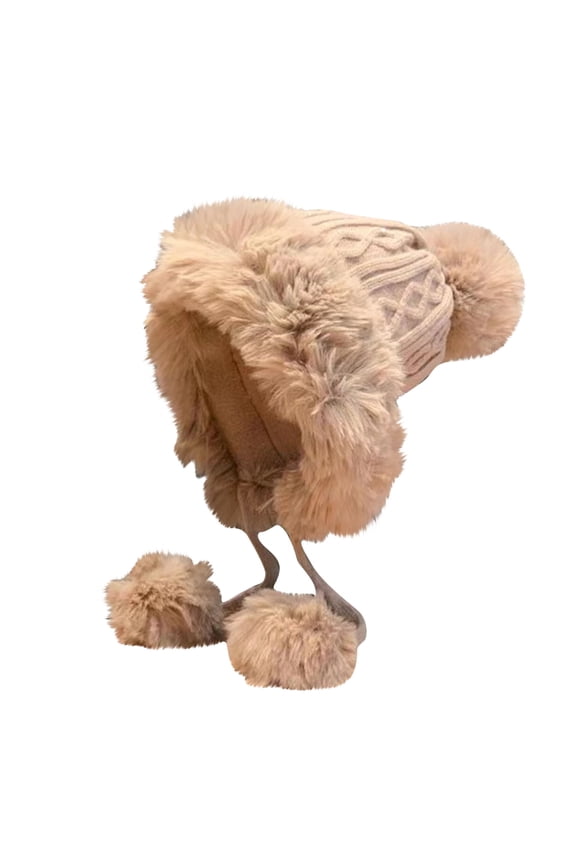 Womens Cloche Bucket Hat Knit Plush Brim Pompom Tassels Strap Ear Protection Ribbed Pattern Versatile Thick Outdoor Windproof Coldproof Warm Winter Hat Khaki