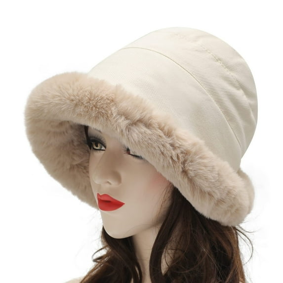 Xfvqtps Womens Cloche Bucket Hat Plush Brim Winter Color Matching Solid Color Thick Outdoor Versatile Windproof Coldproof Warm Winter Fluffy Plush Hat White