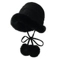 thumbnail image 1 of Xfvqtps Womens Cloche Bucket Hat Suede Pompom Strap Winter Color Matching Thick Coldproof Warm Outdoor Versatile Fall Winter Fluffy Plush Hat Black, 1 of 8