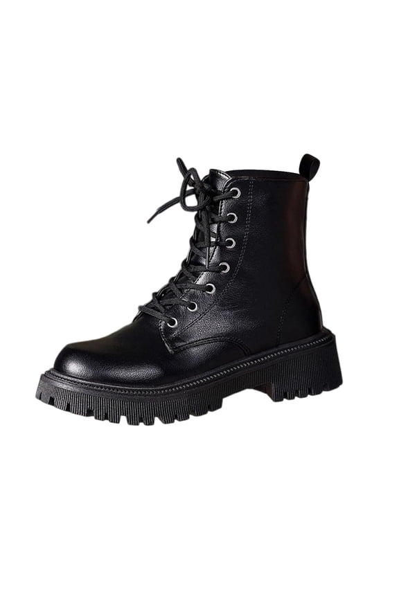 Womens Martin Boots Chunky Sole Ankle Booties Fashion Lace up Side Zipper Comfortable Mid Heel Winter Casual Shoes Black