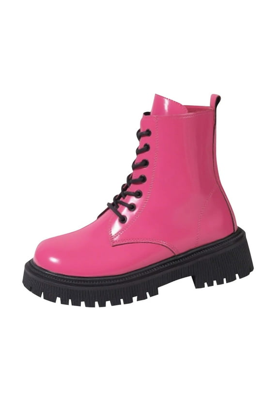 Womens Ankle Boots Mid Heel Comfortable Walk Chunky Block Heel Side Zipper Lace up Closure Durable Rubber Sole Casual Outdoor Boots Hot Pink