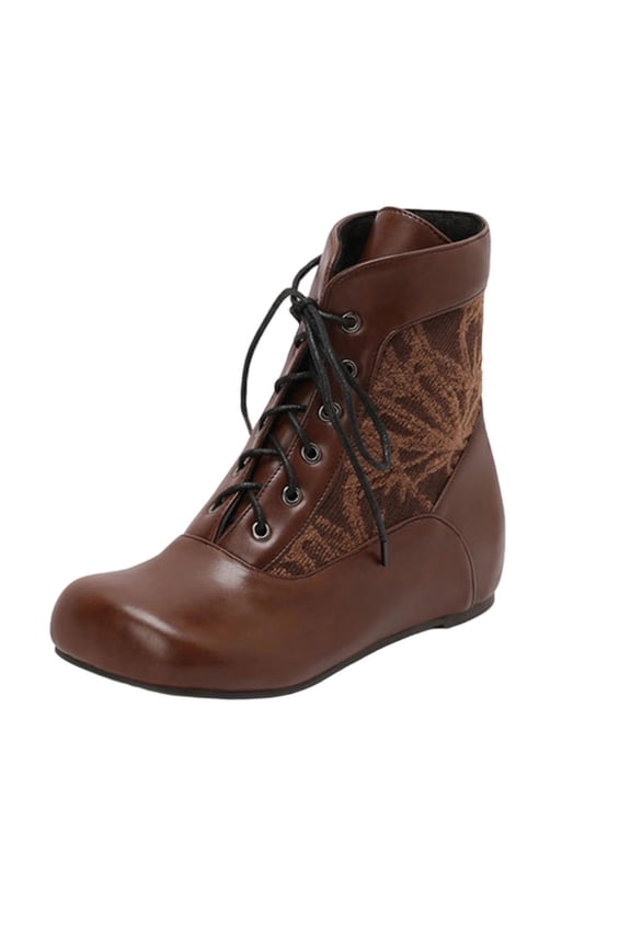 Womens Comfortable Flat Ankle Boots with Hidden Wedge Sole Lace up Round Toe Winter Fashion Casual Shoes for Walking Brown