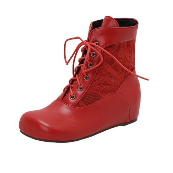 Xfvqtps Womens Comfortable Flat Ankle Boots with Hidden Wedge Sole Lace up Round Toe Winter Fashion Casual Shoes for Walking Red