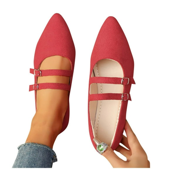 Xfvqtps Womens Comfortable Flat Shoes Breathable Slip on Shoes with Metal Buckles Fashion Pointed Toe Casual Work Shoes for Women Red