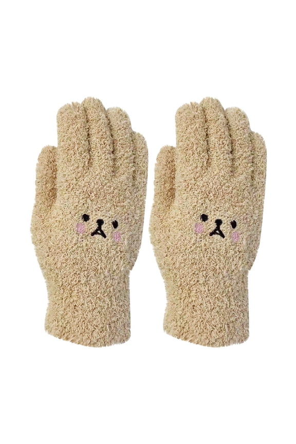 Womens Coral Fleece Gloves Cute Smiling Face Embroidery Solid Color Thickened Windproof Warm Winter Plush Mittens Khaki