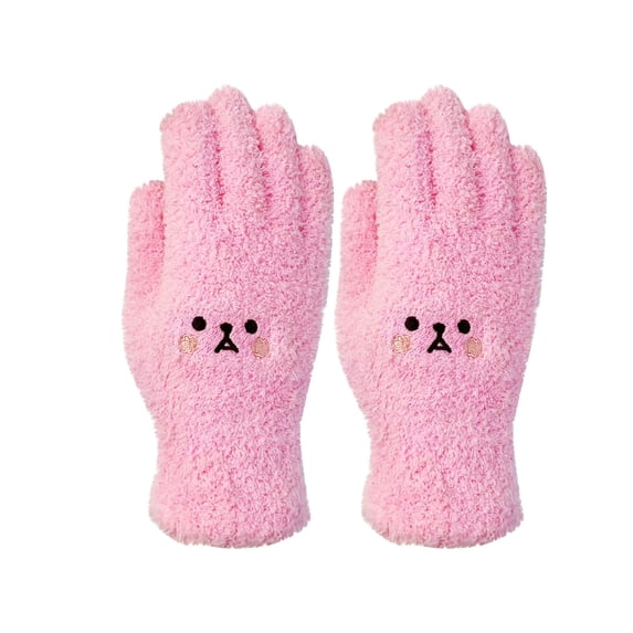 Xfvqtps Womens Coral Fleece Gloves Cute Smiling Face Embroidery Solid Color Thickened Windproof Warm Winter Plush Mittens Pink