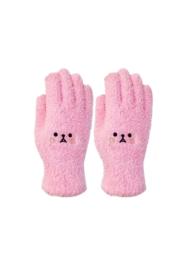 Womens Coral Fleece Gloves Cute Smiling Face Embroidery Solid Color Thickened Windproof Warm Winter Plush Mittens Pink