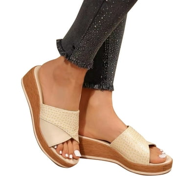 Xfvqtps Womens Cork Wedge Sandals Platform Slide Split Joint Open Toe Comfortable Non Slip Heel High 2.16in Leather Casual Beach Summer Sandals Beige