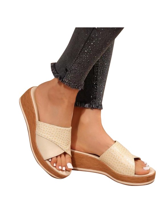 Womens Cork Wedge Sandals Slide Split Joint Open Toe Comfortable Non Slip Heel High 2.16in Leather Casual Beach Summer Sandals Beige