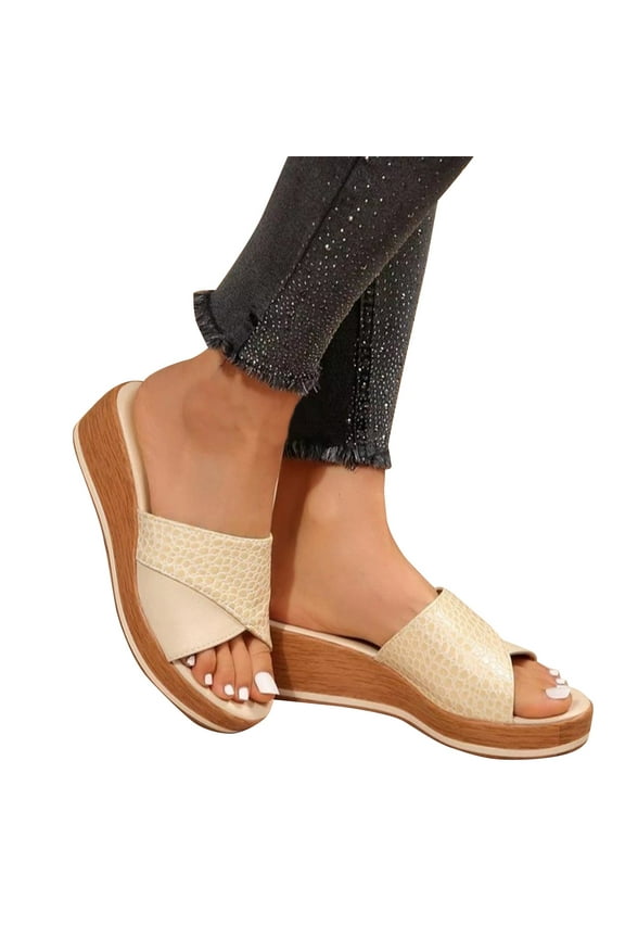 Womens Cork Wedge Sandals Slide Split Joint Open Toe Comfortable Non Slip Heel High 2.16in Leather Casual Beach Summer Sandals Beige
