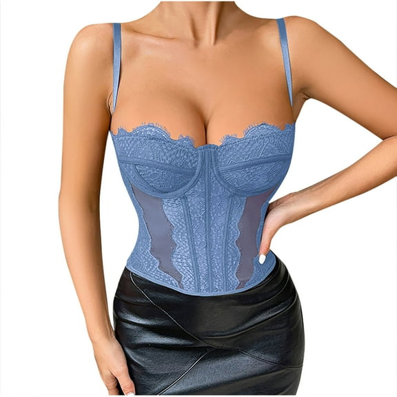 Xfvqtps Womens Corset Crop Tops Sling Tube Top Lace Mesh Back Buckle Spaghetti Straps Bustier Vest Waist Corset Blue