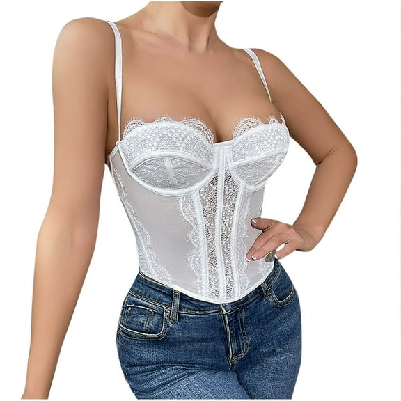 Xfvqtps Womens Corset Crop Tops Sling Tube Top Lace Mesh Back Buckle Spaghetti Straps Bustier Vest Waist Corset White