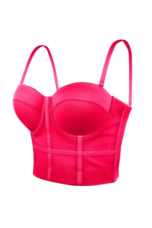 Womens Corset Crop Tops Sling Tube Top Solid Color Flexible Boned Support Spaghetti Straps Bustier Vest Waist Corset Hot Pink