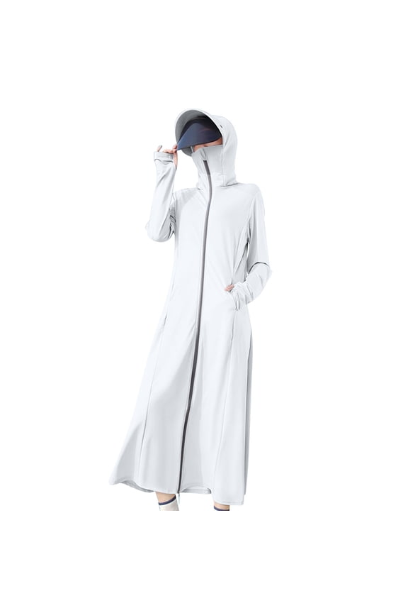 Womens Cover up Dress UPF 50+ Sun Protection Hoodie Wide Brim Full Zip Face Neck Mask Cooling Ice Silk Sunscreen Long Tunic Maxi Beach Dresses with Thumb Hole White