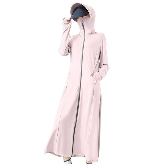 Xfvqtps Womens Cover up Dress UPF 50+ Sun Protection Hoodie Wide Brim Full Zip Face Neck Mask Cooling Ice Silk Sunscreen Long Tunic Maxi Beach Dresses with Thumb Hole Pink