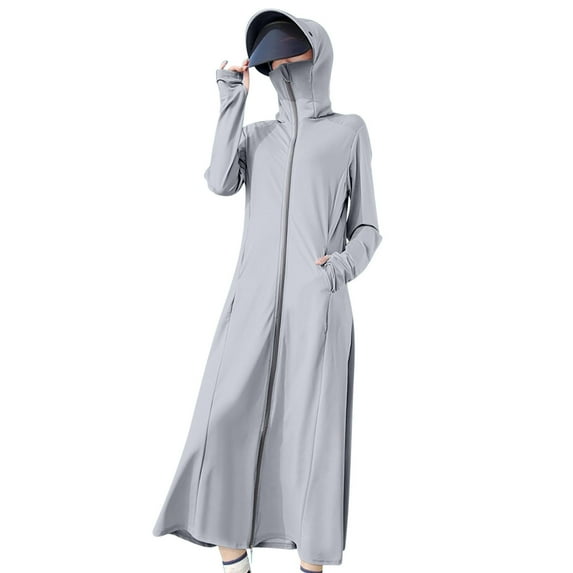 Xfvqtps Womens Cover up Dress UPF 50+ Sun Protection Hoodie Wide Brim Full Zip Face Neck Mask Cooling Ice Silk Sunscreen Long Tunic Maxi Beach Dresses with Thumb Hole Gray