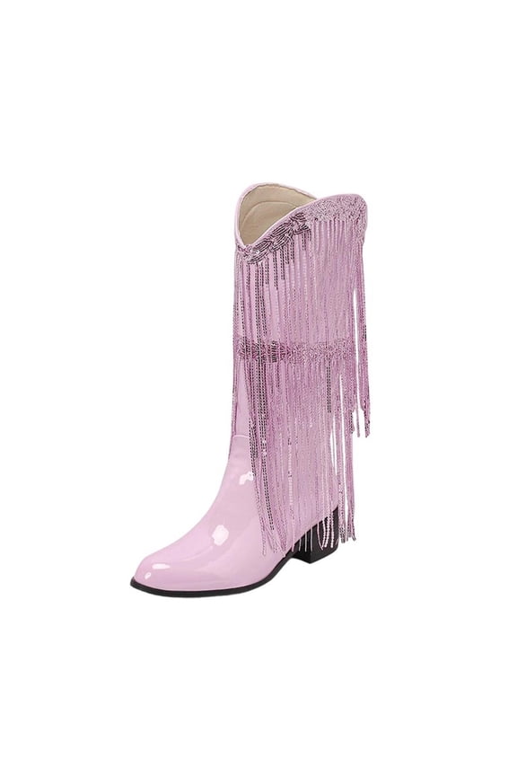 Womens Cowboy Boots Knee High Boots Pointed Toe Western Boots with Fringe Tassel Block Heel Fashion Winter Boots for Women Pink