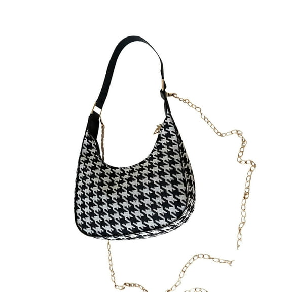 Xfvqtps Womens Crescent Bag Double Chain Chessboard Pattern Retro Style Fashion Lightweight Portable Commuting Underarm Bag Black