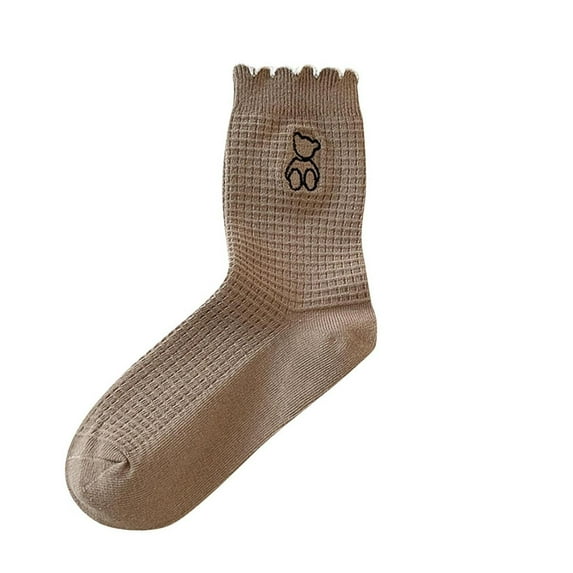 Xfvqtps Womens Crew Socks Cute Bear Embroidery Huafuge Solid Color Simplicity Middle Tube Non Shedding Comfortable Breathable Elastic Soft Cozy Premium Spring Summer Cotton Socks Khaki