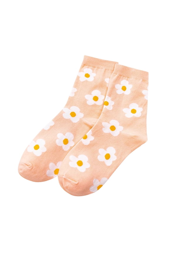 Womens Crew Socks Flower Print Color Blocking Middle Tube Non Shedding Comfortable Breathable Elastic Soft Cozy Premium Spring Summer Cotton Socks Pink