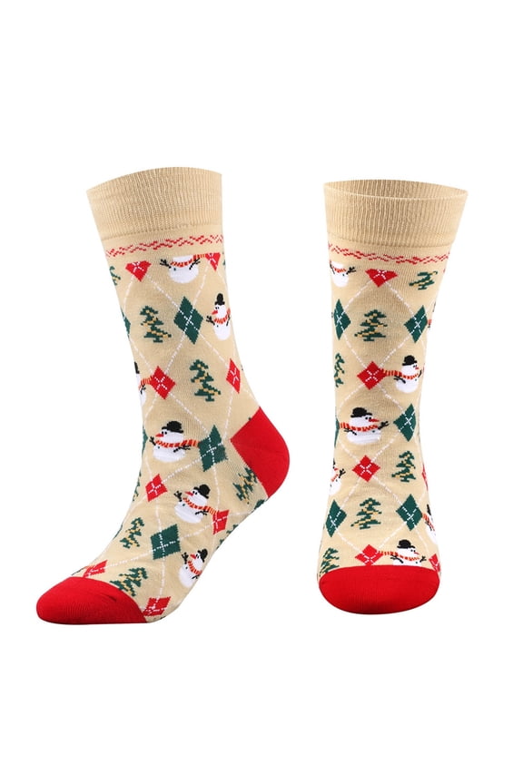 Womens Crew Socks Knit Mid Tube Cute Snowman Diamond Grid Pattern Casual Christmas Decorations Comfortable Breathable Soft Elastic Warm Winter Cotton Socks Beige