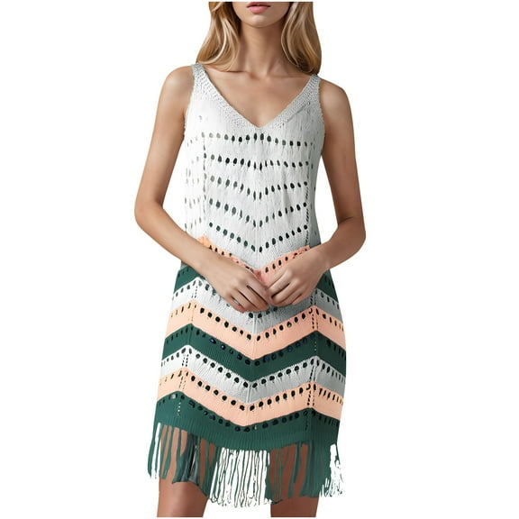 Xfvqtps Womens Crochet Cover up Hollow out Tassel Sleeveless V Neck Beach Coverup Slim Fit Bathing Suit Dress Green