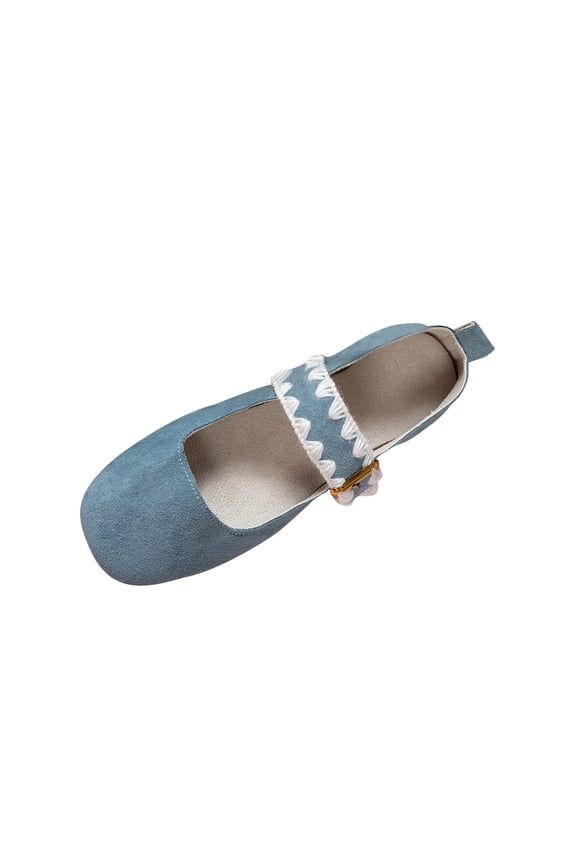 Womens Crochet Detail Suede Flats Mary Jane Style Comfortable Casual Shoes for Summer Fall Season Blue