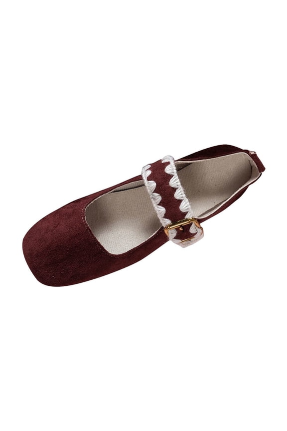 Womens Crochet Detail Suede Flats Mary Jane Style Comfortable Casual Shoes for Summer Fall Season Wine