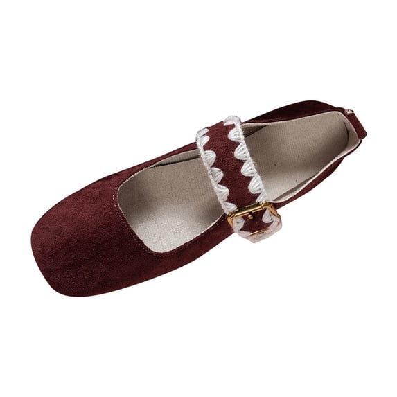 Xfvqtps Womens Crochet Detail Suede Flats Mary Jane Style Comfortable Casual Shoes for Summer Fall Season Wine