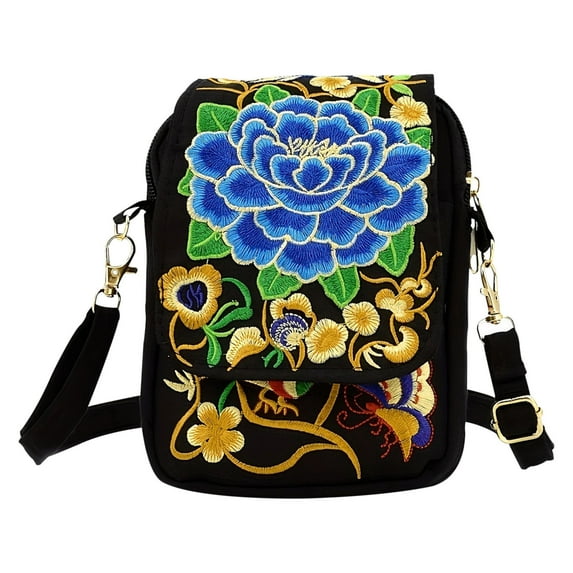 Xfvqtps Womens Crossbody Bag Ethnic Style Colorful Flowers Embroidery Vertical Version Adjustable Shoulder Strap Fashion Lightweight Portable Purse Blue