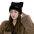 thumbnail image 1 of Xfvqtps Womens Cute Cat Ear Beanie Fashion Leather Label Knitting Solid Color Cuffed Stretch Fashion Versatile Soft Warm Winter Skull Cap Black, 1 of 3