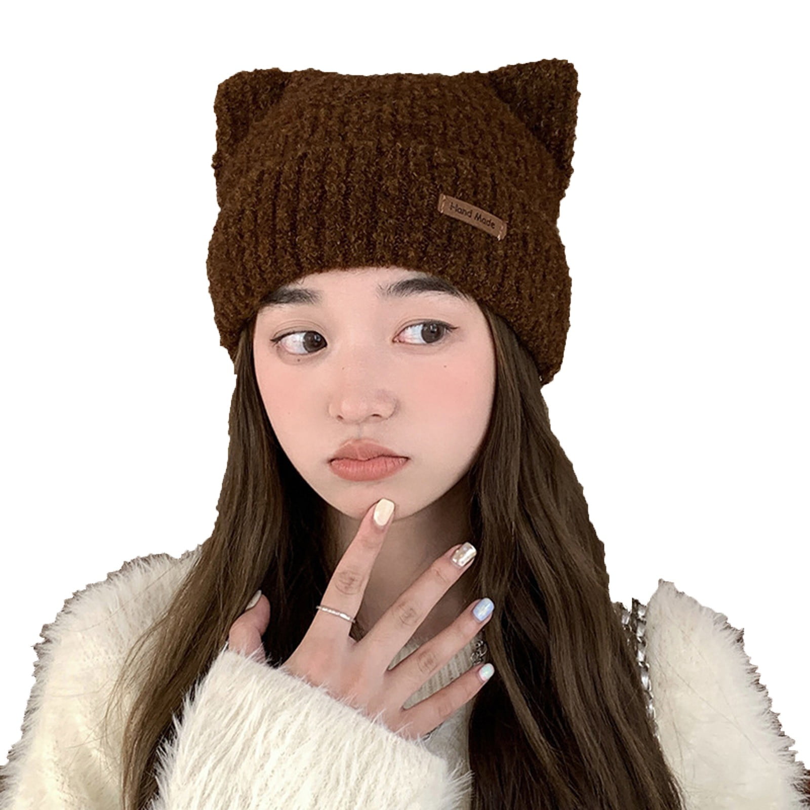 Xfvqtps Womens Cute Cat Ear Beanie Fashion Leather Label Knitting