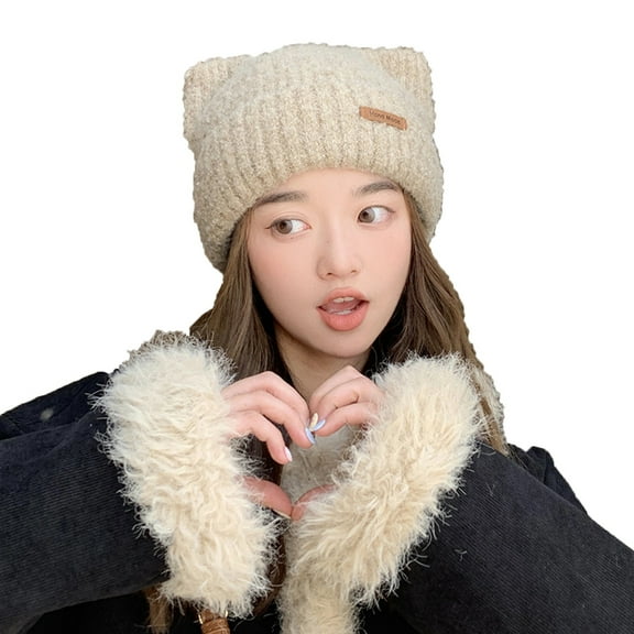 Xfvqtps Womens Cute Cat Ear Beanie Fashion Leather Label Knitting Solid Color Cuffed Stretch Fashion Versatile Soft Warm Winter Skull Cap Khaki