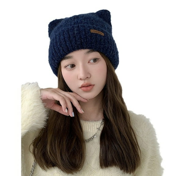 Xfvqtps Womens Cute Cat Ear Beanie Fashion Leather Label Knitting Solid Color Cuffed Stretch Fashion Versatile Soft Warm Winter Skull Cap Navy