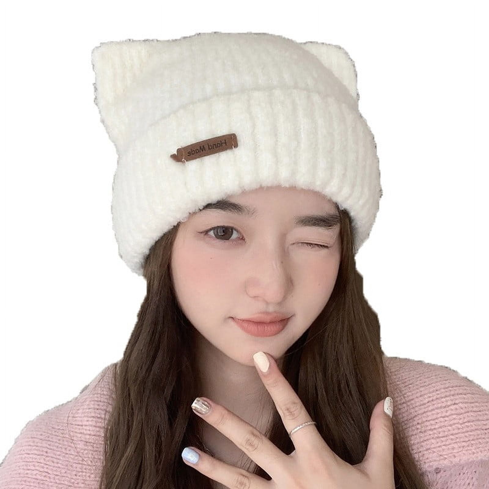 Xfvqtps Womens Cute Cat Ear Beanie Fashion Leather Label Knitting