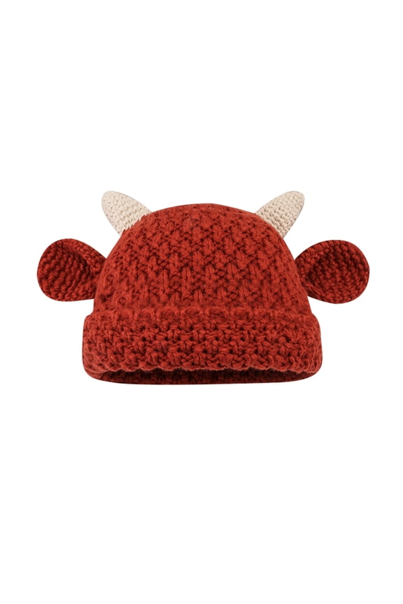 Womens Cute OX Horn Hat with Ear Cuffed Solid Color Stretch Windproof Coldproof Fashion Versatile Warm Winter Beanie Red